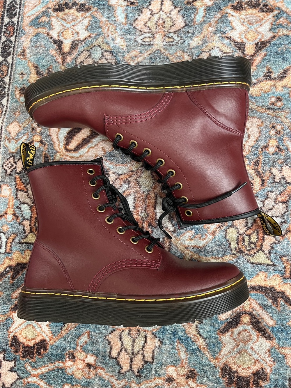 Dr. Martens Zavala Burgundy Leather Lace-Up Boots with Yellow Stitching